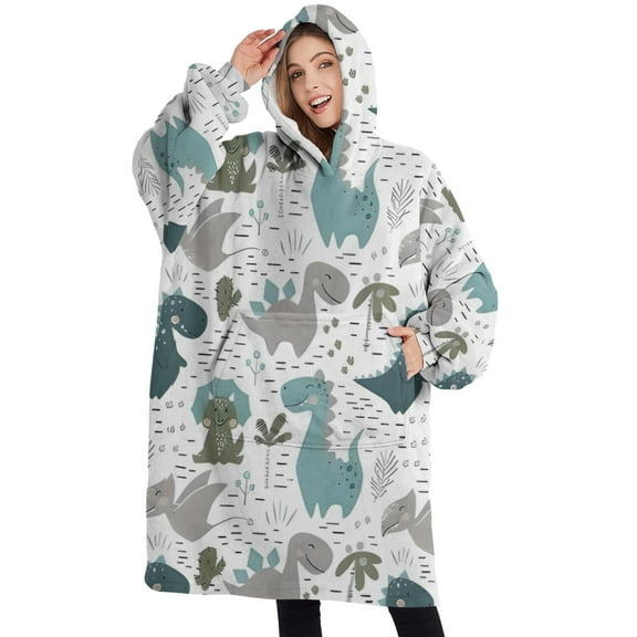 Oversized Wearable Blanket Hoodie,Colorful Dinosaurs Plants Pattern Sherpa Blanket Hoodie with Super Pockets,Super Warm Fuzzy Pullover for Women & Men