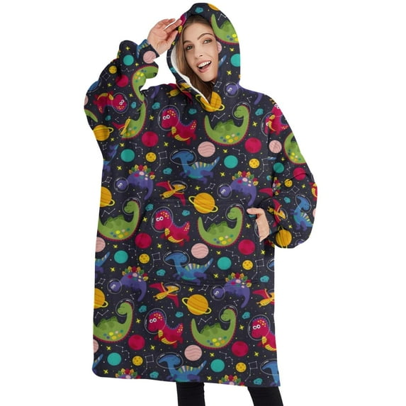 Oversized Wearable Blanket Hoodie,Colorful Dinosaurs Spaceships Planets Pattern Sherpa Blanket Hoodie with Super Pockets,Super Warm Fuzzy Pullover for Women & Men
