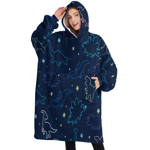 Oversized Wearable Blanket Hoodie,Colorful Dinosaurs Stars Pattern Sherpa Blanket Hoodie with Super Pockets,Super Warm Fuzzy Pullover for Women & Men