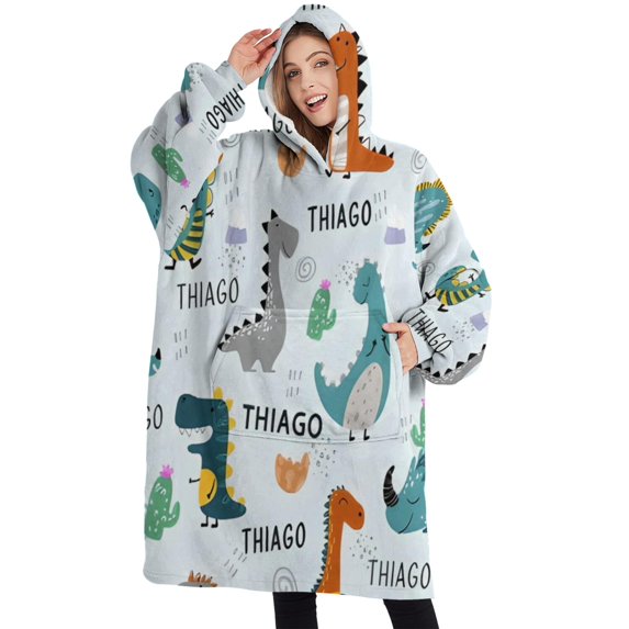 Oversized Wearable Blanket Hoodie,Colorful Dinosaurs THIAGO Cacti Pattern Sherpa Blanket Hoodie with Super Pockets,Super Warm Fuzzy Pullover for Women & Men