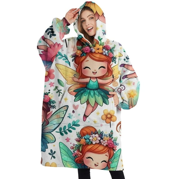 Oversized Wearable Blanket Hoodie,Colorful Fairy Princess Pattern Sherpa Blanket Hoodie with Super Pockets,Super Warm Fuzzy Pullover for Women & Men