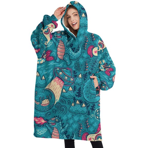 Oversized Wearable Blanket Hoodie,Colorful Fantasy Creatures UFO Pattern Sherpa Blanket Hoodie with Super Pockets,Super Warm Fuzzy Pullover for Women & Men