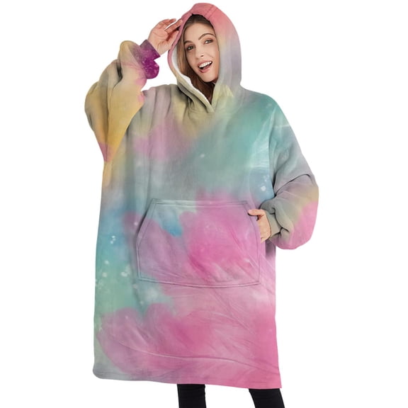 Oversized Wearable Blanket Hoodie,Colorful Floral Pattern Sherpa Blanket Hoodie with Super Pockets,Super Warm Fuzzy Pullover for Women & Men