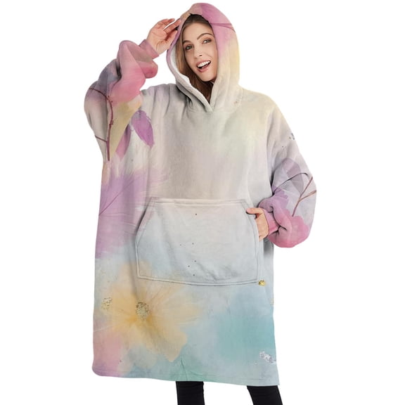 Oversized Wearable Blanket Hoodie,Colorful Floral Pattern Sherpa Blanket Hoodie with Super Pockets,Super Warm Fuzzy Pullover for Women & Men