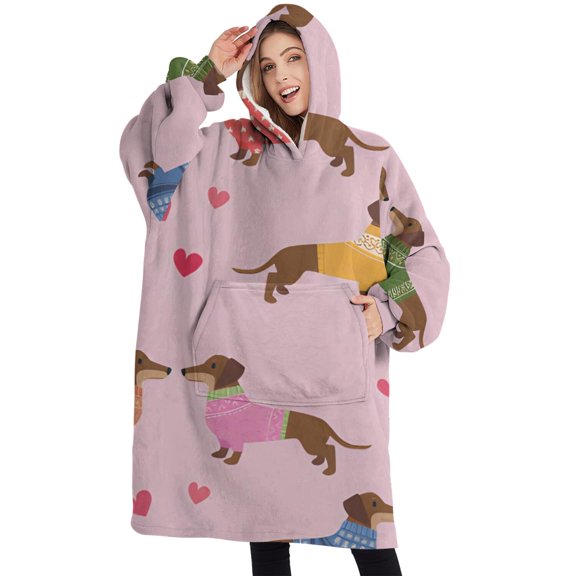 Oversized Wearable Blanket Hoodie,Colorful Funny Dachshund Sherpa Blanket Hoodie with Super Pockets,Super Warm Fuzzy Pullover for Women & Men