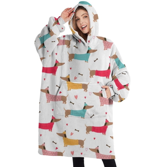 Oversized Wearable Blanket Hoodie,Colorful Funny Dachshund Sherpa Blanket Hoodie with Super Pockets,Super Warm Fuzzy Pullover for Women & Men
