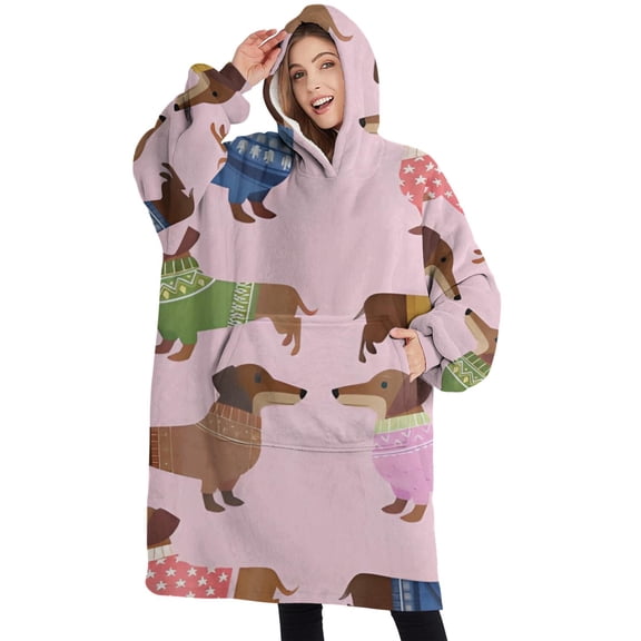 Oversized Wearable Blanket Hoodie,Colorful Funny Dachshund Sherpa Blanket Hoodie with Super Pockets,Super Warm Fuzzy Pullover for Women & Men