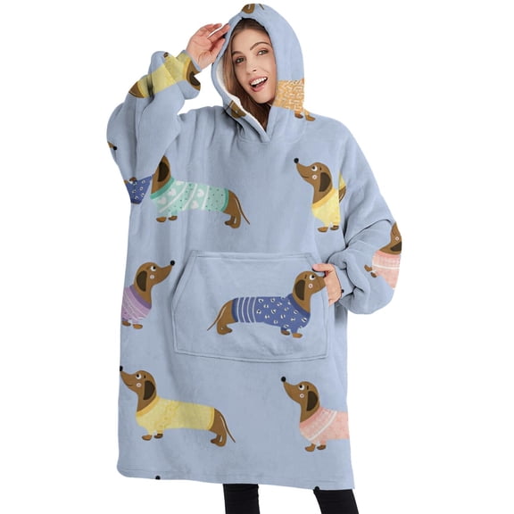 Oversized Wearable Blanket Hoodie,Colorful Funny Dachshund Sherpa Blanket Hoodie with Super Pockets,Super Warm Fuzzy Pullover for Women & Men