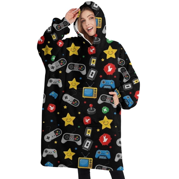 Oversized Wearable Blanket Hoodie,Colorful Games Star Black Pattern Sherpa Blanket Hoodie with Super Pockets,Super Warm Fuzzy Pullover for Women & Men