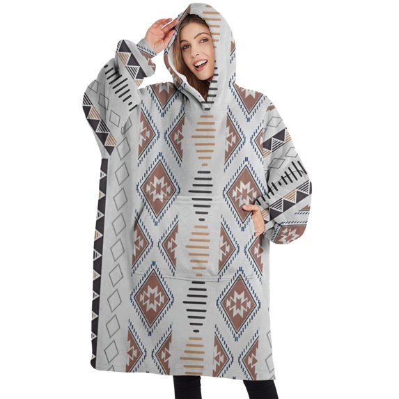 Oversized Wearable Blanket Hoodie,Colorful Geometric Diamond Pattern Sherpa Blanket Hoodie with Super Pockets,Super Warm Fuzzy Pullover for Women & Men