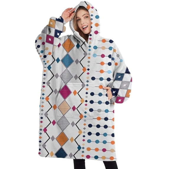 Oversized Wearable Blanket Hoodie,Colorful Geometric Diamond Pattern Sherpa Blanket Hoodie with Super Pockets,Super Warm Fuzzy Pullover for Women & Men