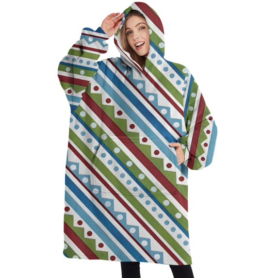 Oversized Wearable Blanket Hoodie,Colorful Geometric Stripe Pattern Sherpa Blanket Hoodie with Super Pockets,Super Warm Fuzzy Pullover for Women & Men