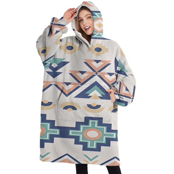 Oversized Wearable Blanket Hoodie,Colorful Geometric Triangle Diamond Pattern Sherpa Blanket Hoodie with Super Pockets,Super Warm Fuzzy Pullover for Women & Men