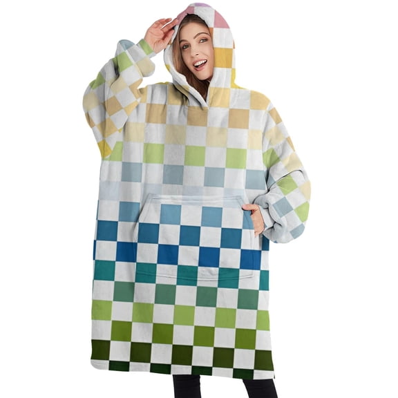 Oversized Wearable Blanket Hoodie,Colorful Gradient Checkerboard Checkered Pattern Sherpa Blanket Hoodie with Super Pockets,Super Warm Fuzzy Pullover for Women & Men
