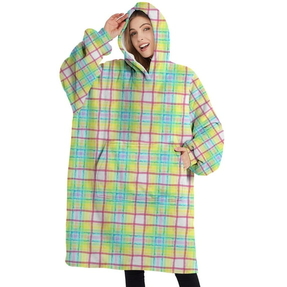 Oversized Wearable Blanket Hoodie,Colorful Grid Checkered Pattern Sherpa Blanket Hoodie with Super Pockets,Super Warm Fuzzy Pullover for Women & Men
