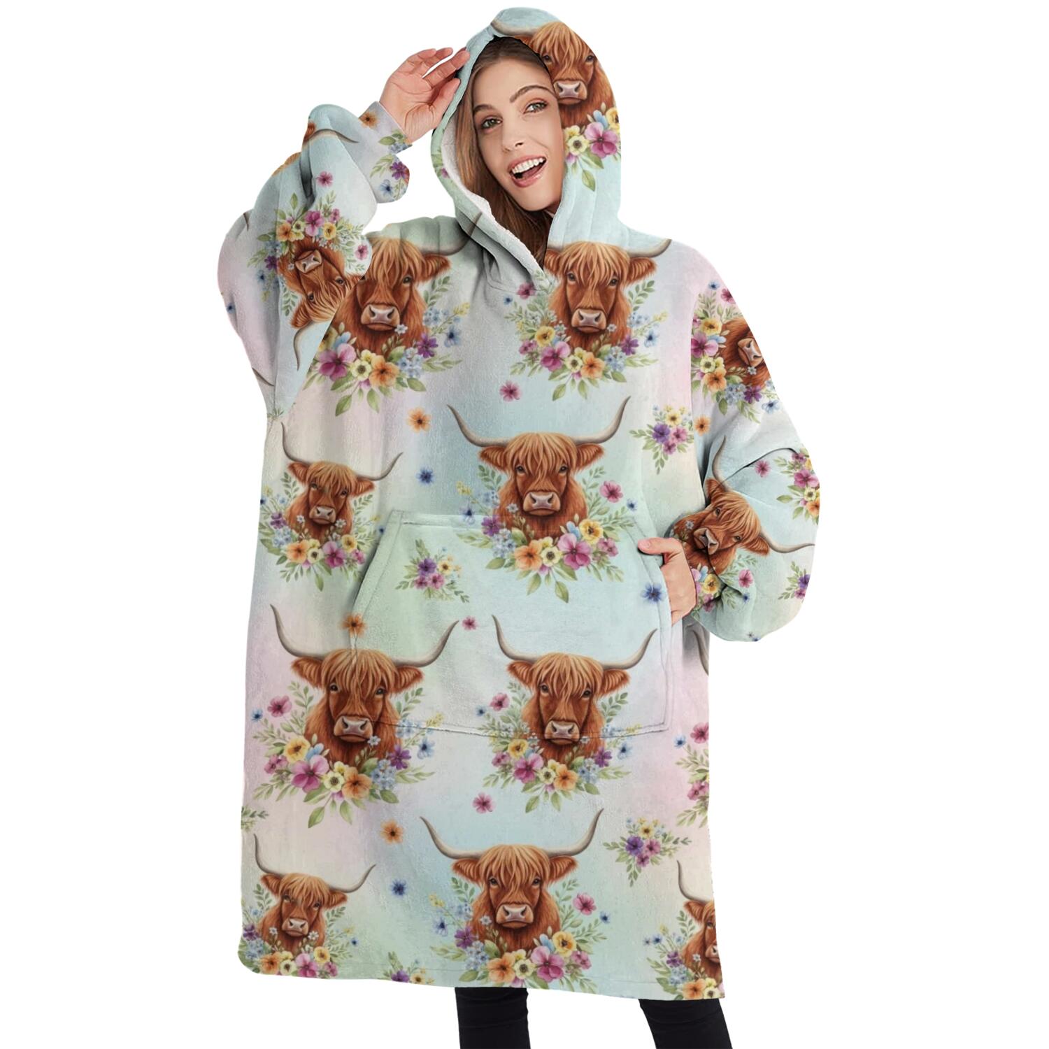 Oversized Wearable Blanket Hoodie,Colorful Highland Cow Flower Pattern Sherpa Blanket Hoodie with Super Pockets,Super Warm Fuzzy Pullover for Women & Men