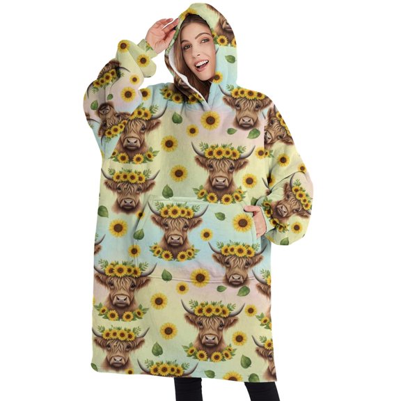Oversized Wearable Blanket Hoodie,Colorful Highland Cow Sunflower Pattern Sherpa Blanket Hoodie with Super Pockets,Super Warm Fuzzy Pullover for Women & Men