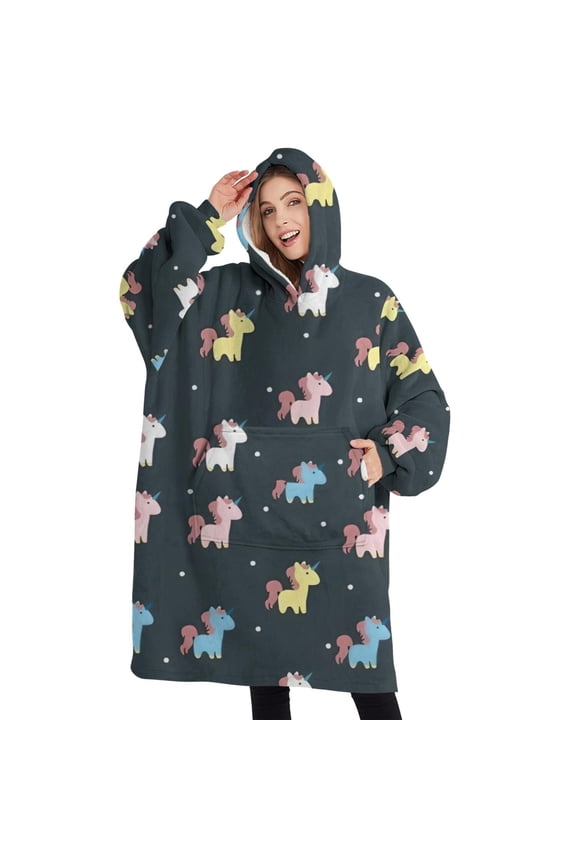 Oversized Wearable Blanket Hoodie,Colorful Mini Unicorn Pattern Sherpa Blanket Hoodie with Super Pockets,Super Warm Fuzzy Pullover for Women & Men