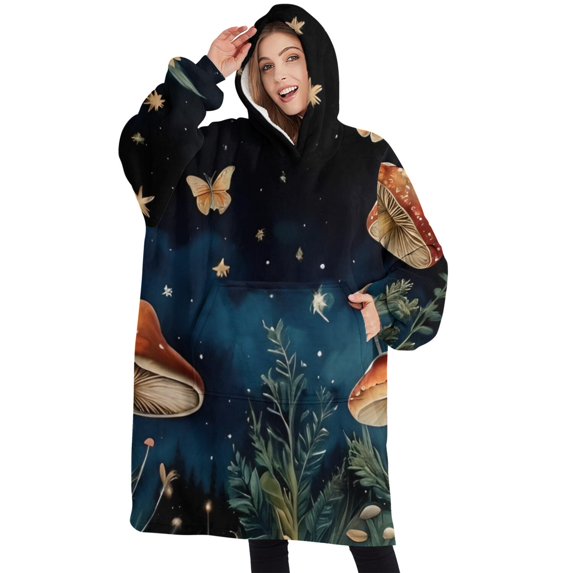 Oversized Wearable Blanket Hoodie,Colorful Mushroom Eye Black Pattern Sherpa Blanket Hoodie with Super Pockets,Super Warm Fuzzy Pullover for Women & Men