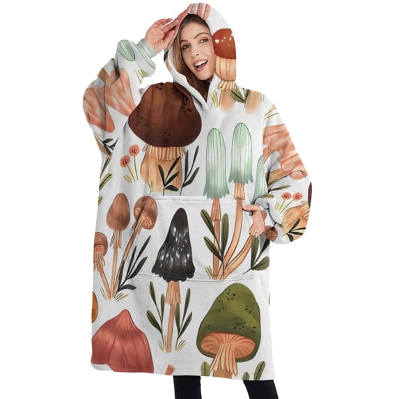 Oversized Wearable Blanket Hoodie,Colorful Mushroom Leaf White Pattern Sherpa Blanket Hoodie with Super Pockets,Super Warm Fuzzy Pullover for Women & Men