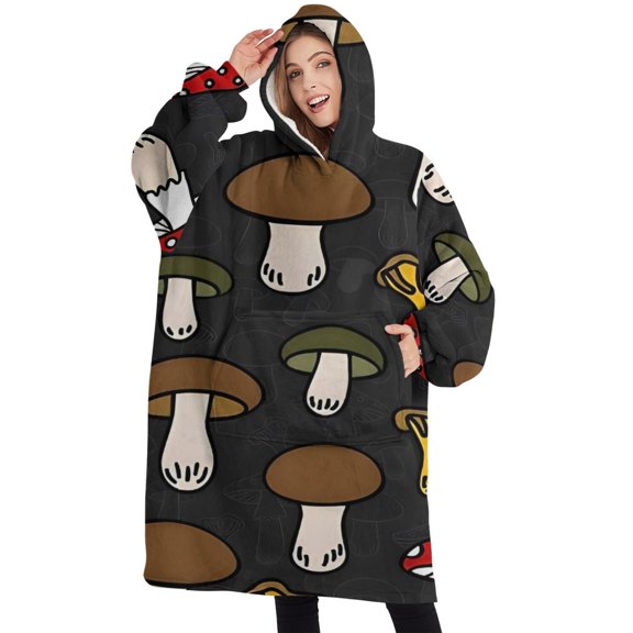 Oversized Wearable Blanket Hoodie,Colorful Mushroom Pattern Dark Pattern Sherpa Blanket Hoodie with Super Pockets,Super Warm Fuzzy Pullover for Women & Men