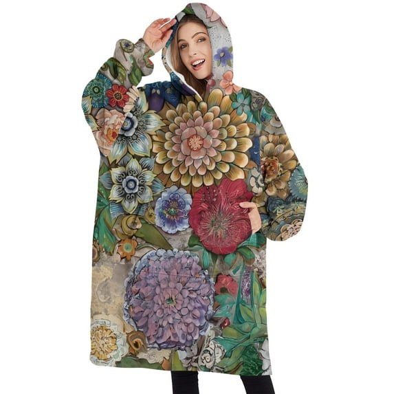 Oversized Wearable Blanket Hoodie,Colorful Pioneer Flower Pattern Sherpa Blanket Hoodie with Super Pockets,Super Warm Fuzzy Pullover for Women & Men