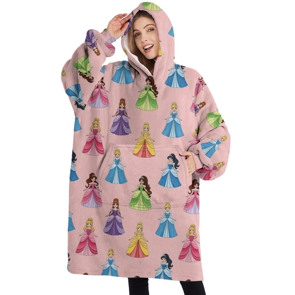 Oversized Wearable Blanket Hoodie,Colorful Princess Pattern Sherpa Blanket Hoodie with Super Pockets,Super Warm Fuzzy Pullover for Women & Men