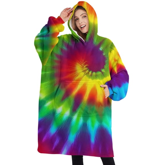 Oversized Wearable Blanket Hoodie,Colorful Rainbow Tie Dye Spiral Pattern Sherpa Blanket Hoodie with Super Pockets,Super Warm Fuzzy Pullover for Women & Men