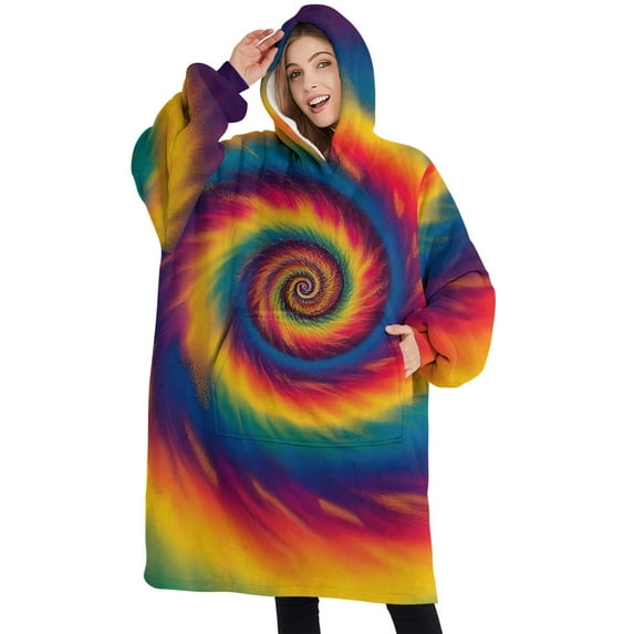 Oversized Wearable Blanket Hoodie,Colorful Rainbow Tie Dye Spiral Pattern Sherpa Blanket Hoodie with Super Pockets,Super Warm Fuzzy Pullover for Women & Men