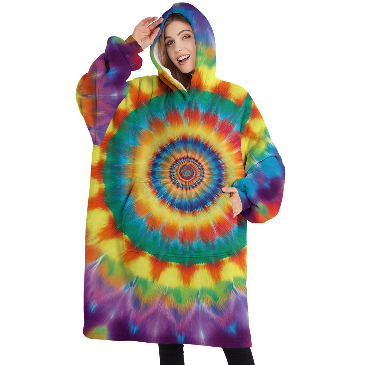 Oversized Wearable Blanket Hoodie,Colorful Rainbow Tie Dye Spiral Pattern Sherpa Blanket Hoodie with Super Pockets,Super Warm Fuzzy Pullover for Women & Men