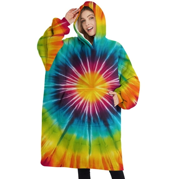 Oversized Wearable Blanket Hoodie,Colorful Rainbow Tie Dye Spiral Pattern Sherpa Blanket Hoodie with Super Pockets,Super Warm Fuzzy Pullover for Women & Men
