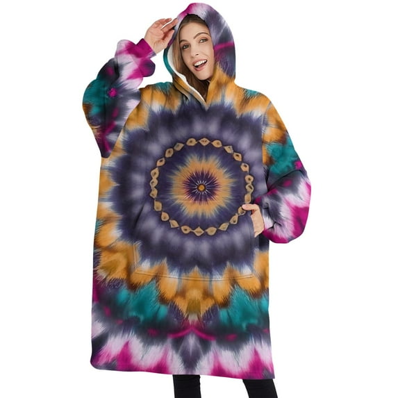 Oversized Wearable Blanket Hoodie,Colorful Rainbow Tie Dye Spiral Pattern Sherpa Blanket Hoodie with Super Pockets,Super Warm Fuzzy Pullover for Women & Men