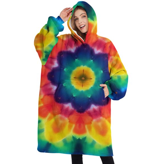 Oversized Wearable Blanket Hoodie,Colorful Rainbow Tie Dye Spiral Pattern Sherpa Blanket Hoodie with Super Pockets,Super Warm Fuzzy Pullover for Women & Men