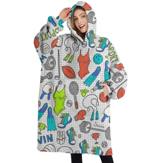 Oversized Wearable Blanket Hoodie,Colorful Sports Items Pattern Sherpa Blanket Hoodie with Super Pockets,Super Warm Fuzzy Pullover for Women & Men