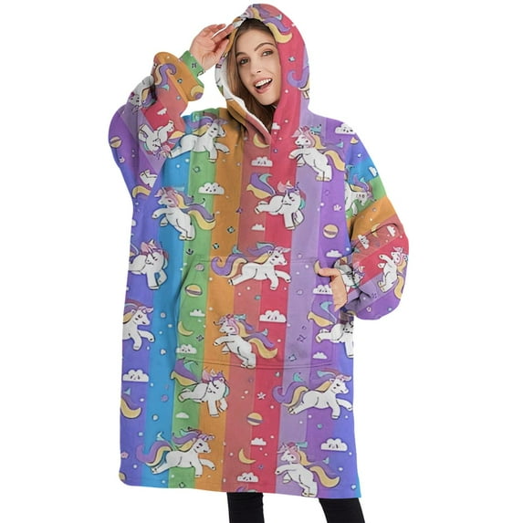 Oversized Wearable Blanket Hoodie,Colorful Stripe Unicorn Pattern Sherpa Blanket Hoodie with Super Pockets,Super Warm Fuzzy Pullover for Women & Men