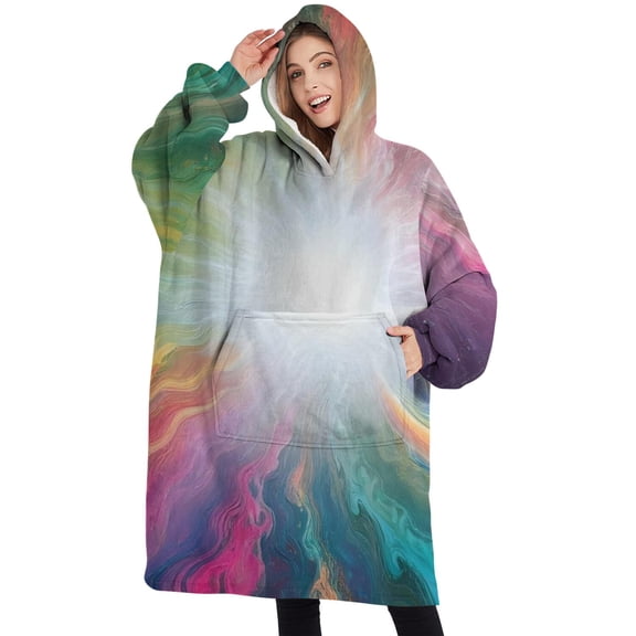 Oversized Wearable Blanket Hoodie,Colorful Swirl Tie Dye Pattern Sherpa Blanket Hoodie with Super Pockets,Super Warm Fuzzy Pullover for Women & Men