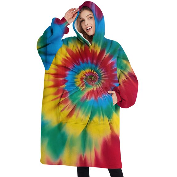 Oversized Wearable Blanket Hoodie,Colorful Tie Dye Mandala Pattern Sherpa Blanket Hoodie with Super Pockets,Super Warm Fuzzy Pullover for Women & Men