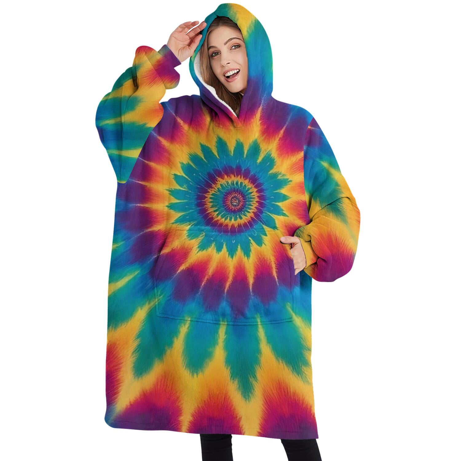 Oversized Wearable Blanket Hoodie,Colorful Tie Dye Mandala Pattern Sherpa Blanket Hoodie with Super Pockets,Super Warm Fuzzy Pullover for Women & Men