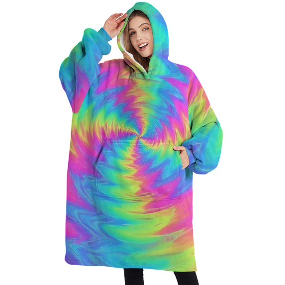 Oversized Wearable Blanket Hoodie,Colorful Tie Dye Mandala Pattern Sherpa Blanket Hoodie with Super Pockets,Super Warm Fuzzy Pullover for Women & Men
