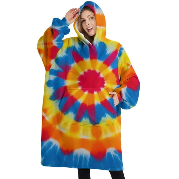 Oversized Wearable Blanket Hoodie,Colorful Tie Dye Mandala Sherpa Blanket Hoodie with Super Pockets,Super Warm Fuzzy Pullover for Women & Men