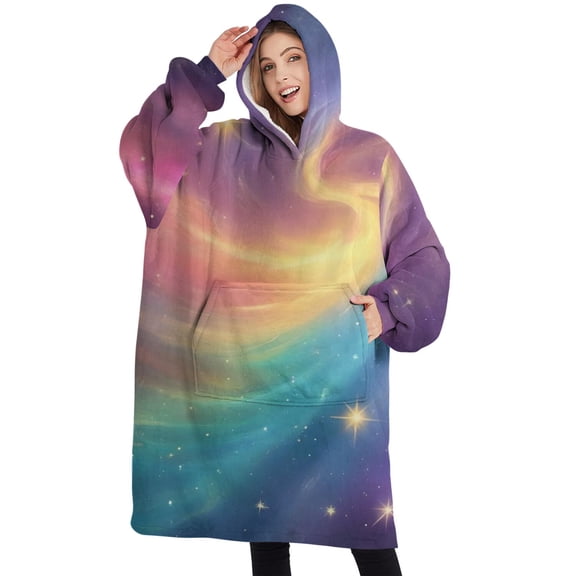 Oversized Wearable Blanket Hoodie,Colorful Tie Dye Nebula Pattern Sherpa Blanket Hoodie with Super Pockets,Super Warm Fuzzy Pullover for Women & Men