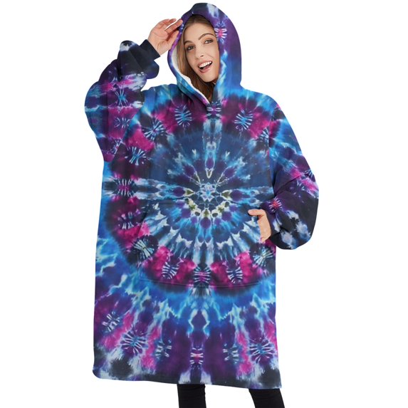 Oversized Wearable Blanket Hoodie,Colorful Tie Dye Pattern Sherpa Blanket Hoodie with Super Pockets,Super Warm Fuzzy Pullover for Women & Men