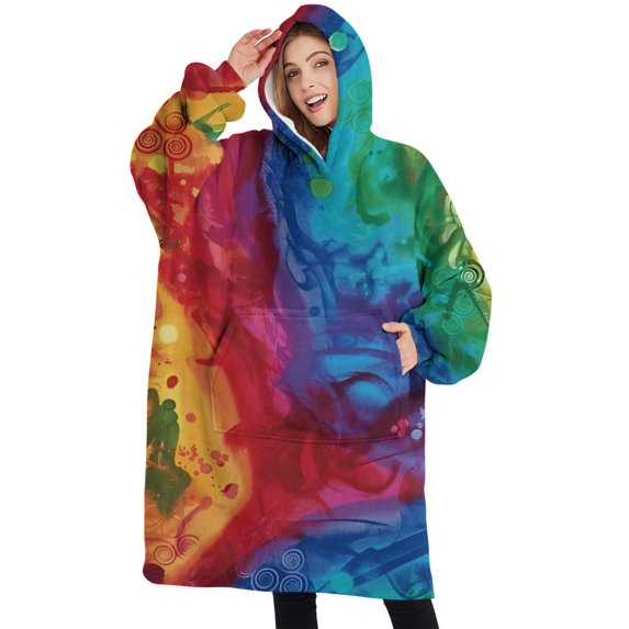 Oversized Wearable Blanket Hoodie,Colorful Tie Dye Pattern Sherpa Blanket Hoodie with Super Pockets,Super Warm Fuzzy Pullover for Women & Men