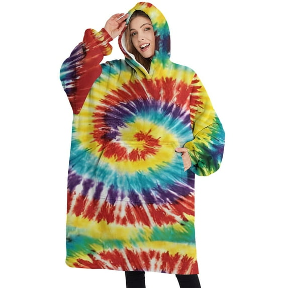 Oversized Wearable Blanket Hoodie,Colorful Tie Dye Pattern Sherpa Blanket Hoodie with Super Pockets,Super Warm Fuzzy Pullover for Women & Men