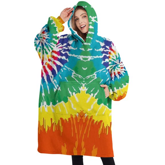 Oversized Wearable Blanket Hoodie,Colorful Tie Dye Pattern Sherpa Blanket Hoodie with Super Pockets,Super Warm Fuzzy Pullover for Women & Men