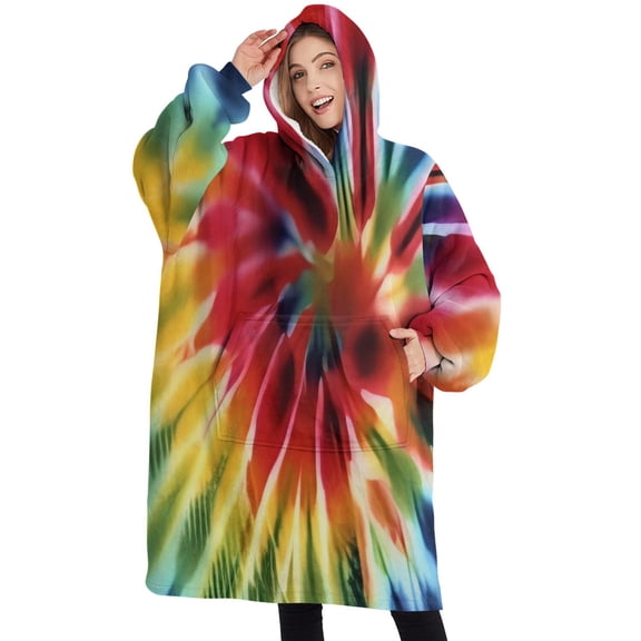 Oversized Wearable Blanket Hoodie,Colorful Tie Dye Pattern Sherpa Blanket Hoodie with Super Pockets,Super Warm Fuzzy Pullover for Women & Men