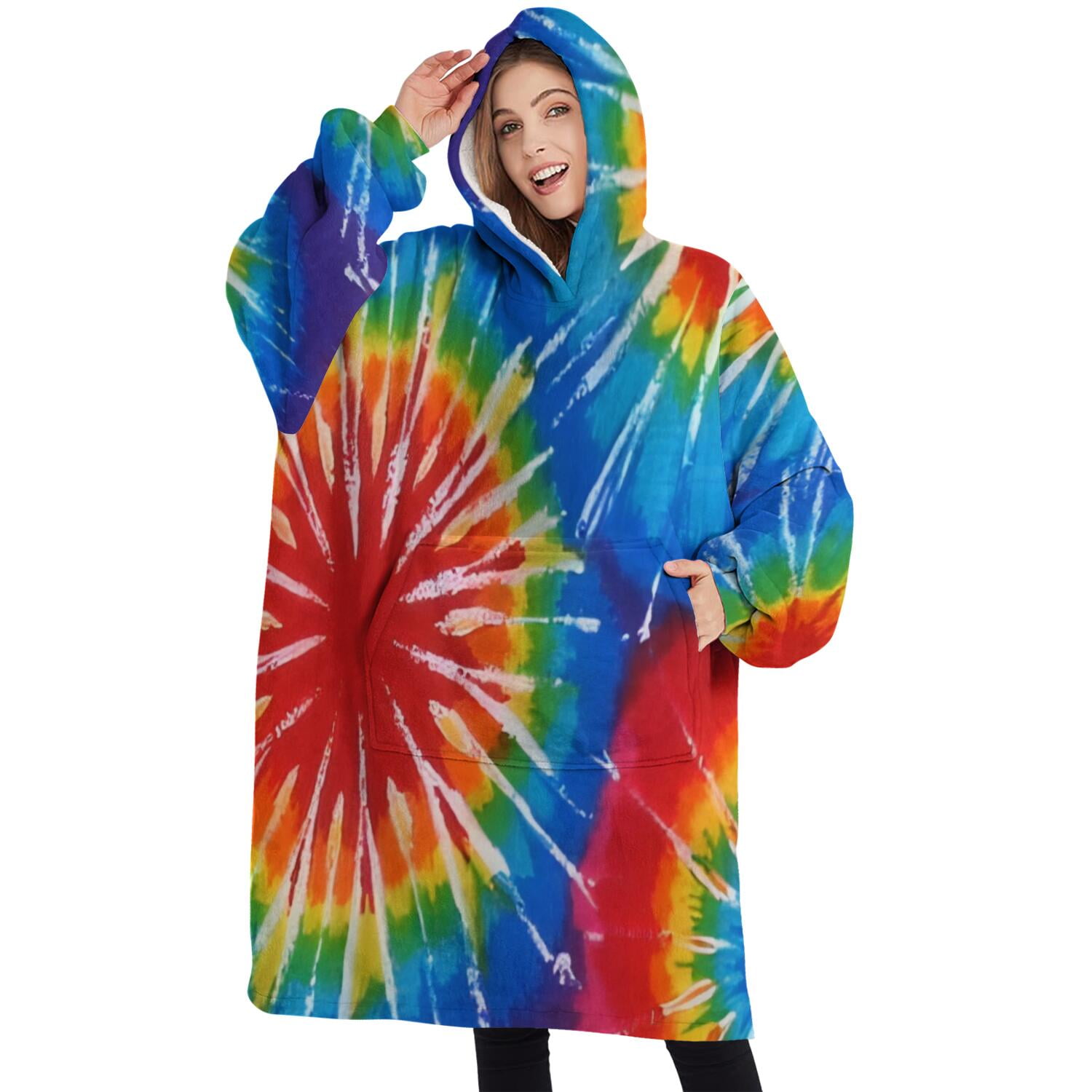 Oversized Wearable Blanket Hoodie,Colorful Tie Dye Pattern Sherpa Blanket Hoodie with Super Pockets,Super Warm Fuzzy Pullover for Women & Men