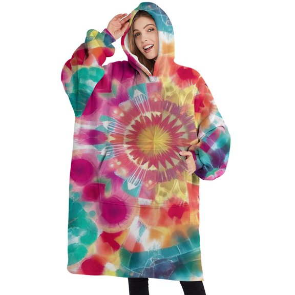 Oversized Wearable Blanket Hoodie,Colorful Tie Dye Pattern Sherpa Blanket Hoodie with Super Pockets,Super Warm Fuzzy Pullover for Women & Men