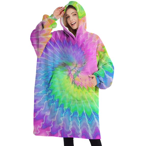 Oversized Wearable Blanket Hoodie,Colorful Tie Dye Pattern Sherpa Blanket Hoodie with Super Pockets,Super Warm Fuzzy Pullover for Women & Men