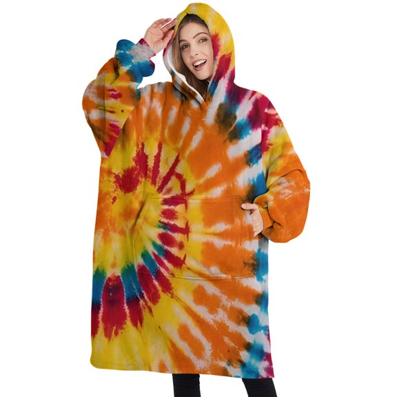 Oversized Wearable Blanket Hoodie,Colorful Tie Dye Pattern Sherpa Blanket Hoodie with Super Pockets,Super Warm Fuzzy Pullover for Women & Men